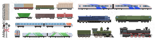 Retro and modern trains locomotive set, railway carriage vector Illustrations