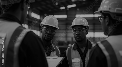 Group of industrial workers in safety vests and hard hats gathered for a professional training session in a large warehouse