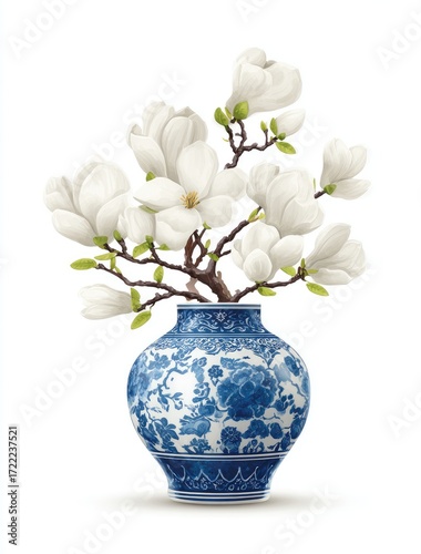 A vibrant, detailed illustration of a blue and white vase, elegantly holding a delicate arrangement of magnolia blossoms.