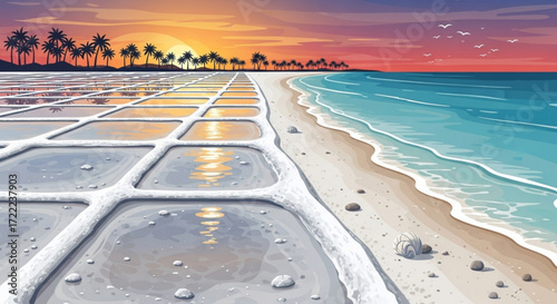 Tropical beach with palm trees and salt ponds reflecting the sunset sky in a scenic landscape view