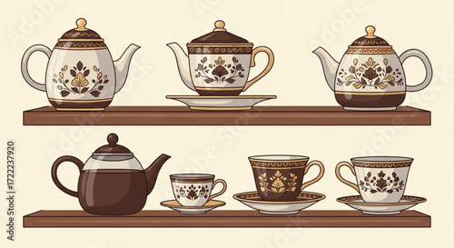 Illustration of teapots and cups on wooden shelves with floral designs in brown and white color scheme