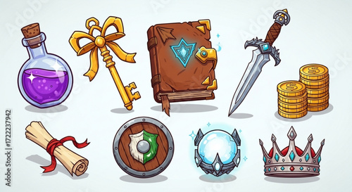 Collection of fantasy rpg game assets including potion key book sword coins scroll shield orb and crown