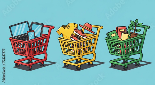 Three shopping carts filled with various items including electronics clothing and household goods displayed