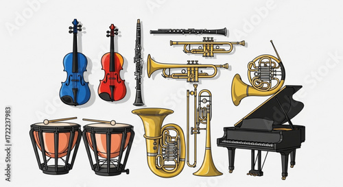 Illustration showcasing a variety of musical instruments including strings brass percussion and keyboard instruments