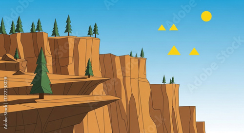 Cartoon landscape featuring cliffs with evergreen trees and yellow sun and triangles in a blue sky scene
