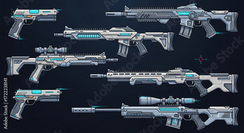 Collection of futuristic white and gray guns including pistols rifles and sniper rifles on a dark background