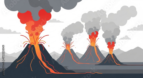 Illustration of multiple volcanoes erupting with lava and smoke against a landscape background scene