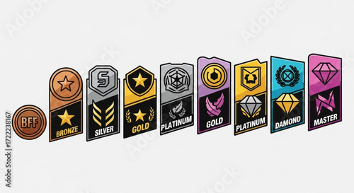 Illustration of various ranked emblems including bff bronze silver gold platinum diamond and master tiers