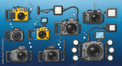 Illustration of multiple underwater camera housings with various attachments and bubble accents design