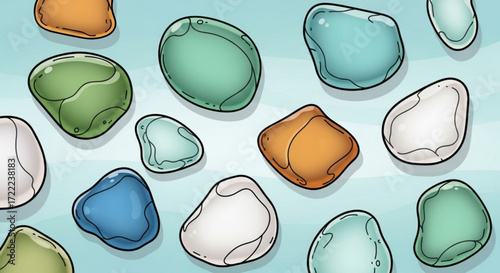 Illustration showing a pattern of colorful translucent stones or pebbles on a light blue background