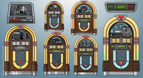 A collection of vintage jukeboxes and a music selector unit displayed against a gradient background