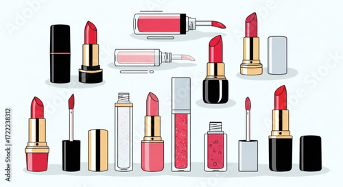 Illustration of various lipsticks and lip glosses in different colors and styles arranged on a plain surface