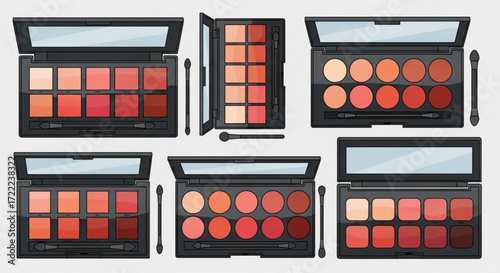 Illustration showing a collection of eyeshadow palettes with various shades and applicators neatly arranged