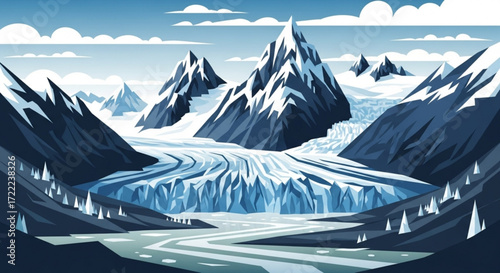 A scenic view of snow capped mountains with a glacier and a winding river under a cloudy sky above all