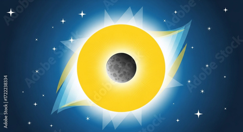 Illustration of a solar eclipse with a dark moon in front of a bright yellow sun and stars around it