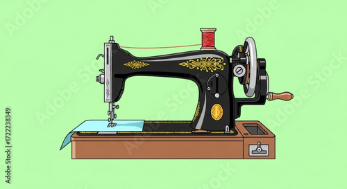 Illustration of a vintage sewing machine with thread and fabric on a light green background color