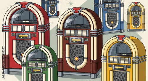 Illustration of multiple colorful vintage jukeboxes with retro design and classic musical appearance
