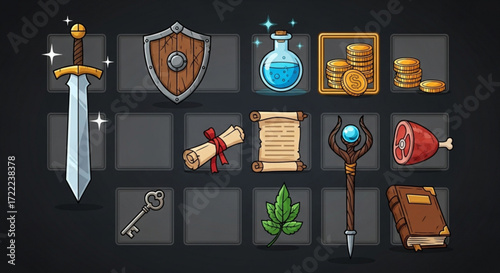 Illustration of a collection of fantasy game assets including a sword shield and various items