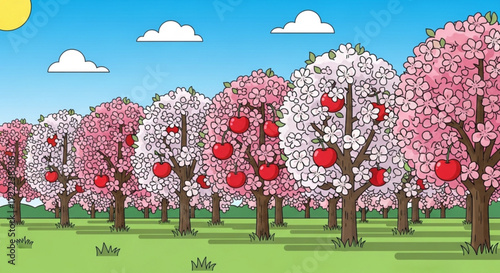 Illustration of an orchard with apple trees in bloom under a blue sky with clouds and a yellow sun