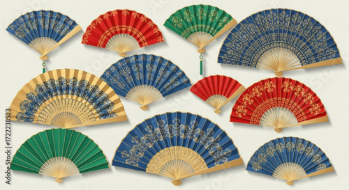 Arrangement of colorful hand fans with intricate floral designs on a light beige background surface