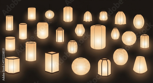 Assorted collection of illuminated paper lanterns in various shapes and sizes against a dark background