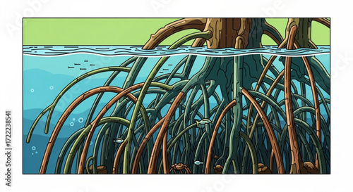 Illustration of a mangrove tree with aerial roots extending into the water and marine life present