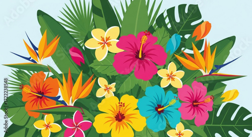 A vibrant display of tropical flowers and lush green leaves against a light blue background scene