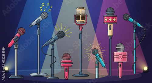 Collection of various microphones on stage with spotlights and musical notes above some mics