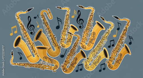 Illustration featuring a collection of golden saxophones surrounded by musical notes on a gray background