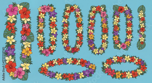 Collection of colorful floral leis with hibiscus and plumeria flowers on a light blue background
