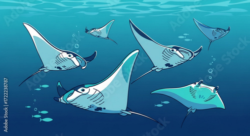 A group of manta rays swimming together in the deep blue ocean with small fish and bubbles around them