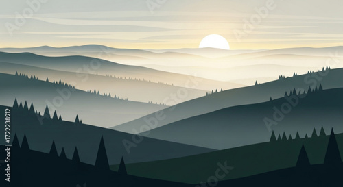 Illustration of a serene landscape with layered hills trees and a rising sun in a misty atmosphere