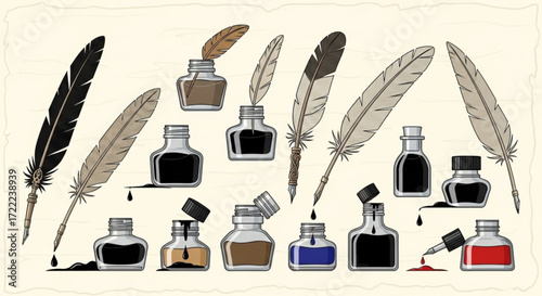 Illustration of assorted quill pens with inkwells filled with various colors of ink displayed neatly