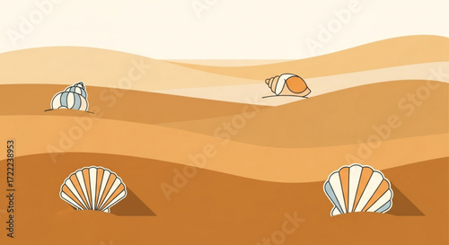 Illustration of a sandy landscape with several seashells partially buried in the sand dunes on a sunny day