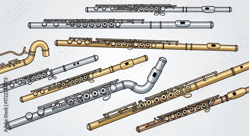 Illustration showing a collection of various silver and golden flutes in different sizes and shapes