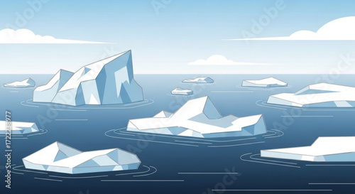 Illustration of several icebergs floating in the ocean under a cloudy sky on a bright sunny day