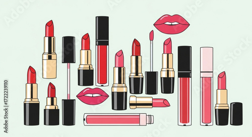 Assorted lipsticks and lip glosses in various shades of pink and red arranged on a light background