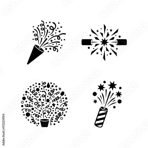 Vector art of collection of party popper illustrations, featuring confetti, streamers, and celebratory elements for festive designs