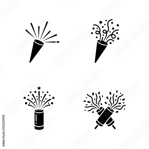 Vector art of collection of party popper icons with confetti and streamers for celebration and festive occasions