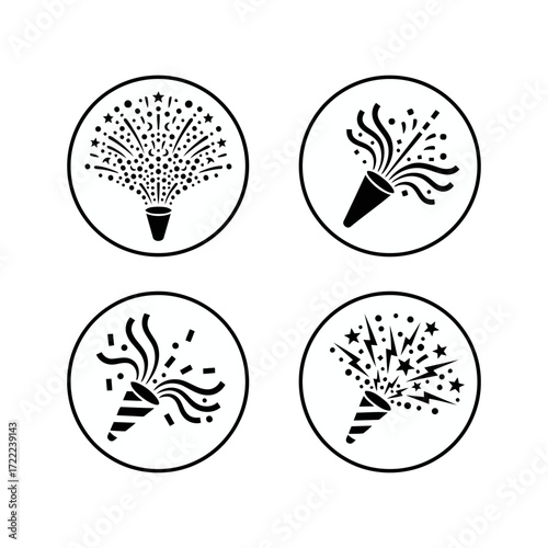 Vector art of set of round party popper icons with confetti and streamers for celebration and festive occasions