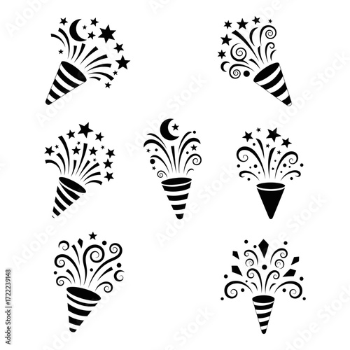 Vector art of collection of party popper icons with confetti, stars and moon for celebration and festive occasions