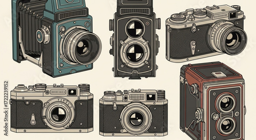 Collection of vintage cameras displayed in a group showcasing different camera types and designs