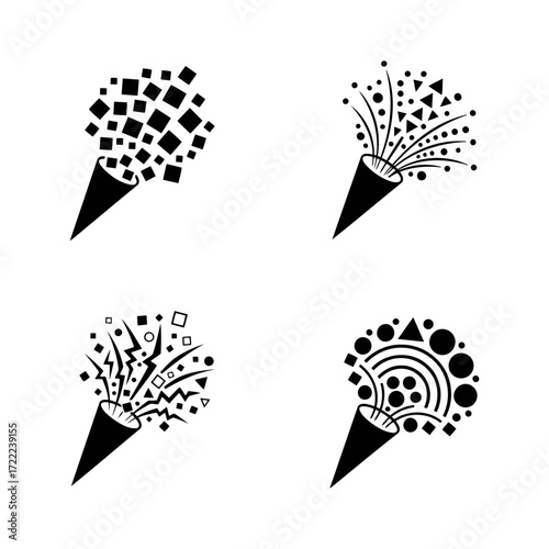 Vector art of collection of four unique party poppers with geometric and celebratory designs, perfect for any festive occasion