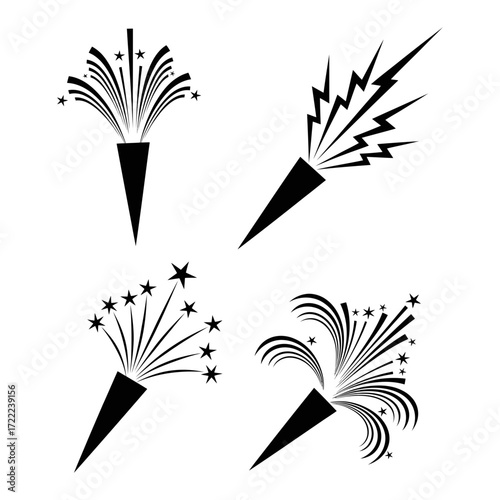 Vector art of set of four party poppers with various burst designs, ideal for adding a celebratory touch to any project