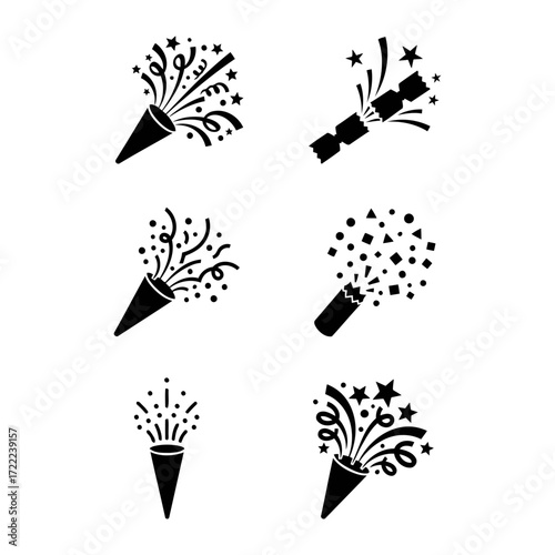 Vector art of set of party popper icons collection of celebration symbols with confetti and streamers for festive designs