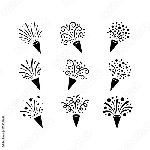 Vector art of collection of party popper icons set of celebration symbols with confetti and streamers for festive designs