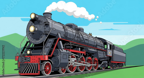 Illustration of a vintage steam train with red wheels and white smoke against a blue sky backdrop