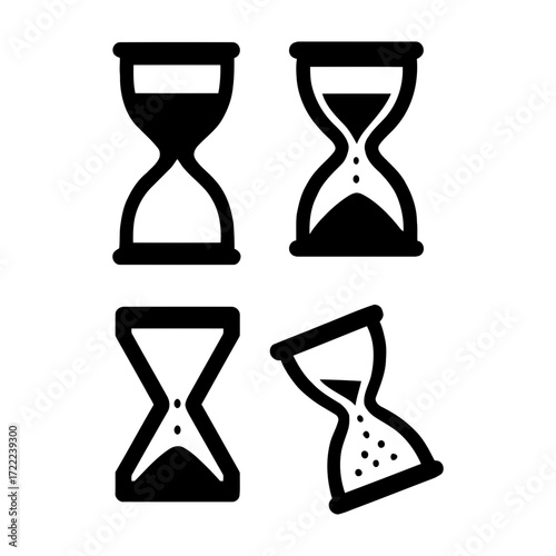 Vector art of four hourglasses showing the passage of time, representing deadlines, countdowns, and time management