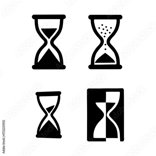 Vector art of collection of hourglass icons in various styles, representing time, deadline, or the passage of time
