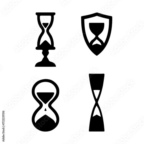 Vector art of four hourglasses showing the passage of time, representing deadlines, countdowns, and time management